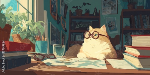 A cozy interior scene with a studious cat.