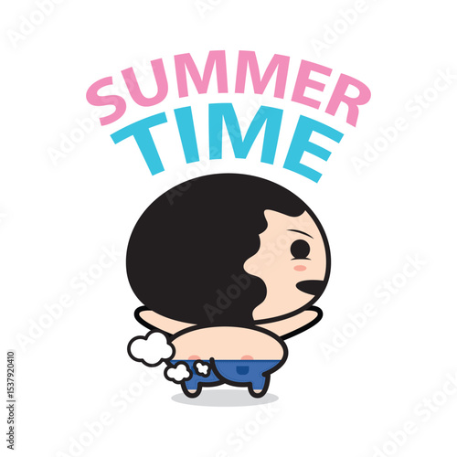 Funny cartoon character running with pants down, farting, under bold “SUMMER TIME” text – playful, silly, and carefree summer vibe.