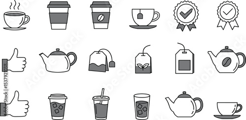 Coffee and tea icon set, beverage cup vector, teapot and teabag illustrations, hot cold drinks, thumbs up approval symbols