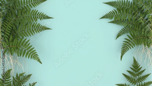 Fern Frame on Blue: Lush green ferns with visible roots create a vibrant natural frame against a soft blue backdrop, offering a serene and versatile design element.