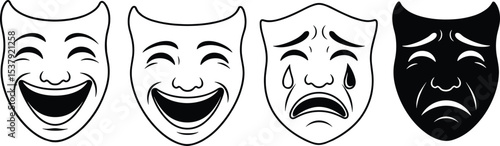 Comedy and tragedy masks set, emotional theater faces, classic drama symbols, happy sad expressions, acting performance vector, black and white illustration