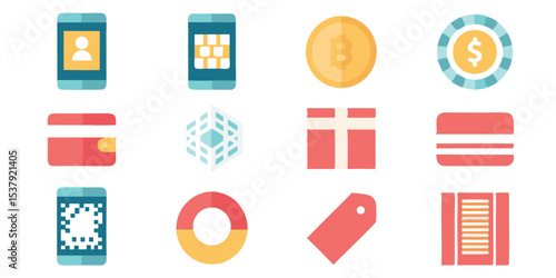 Business Digital Currency Credit Card Money and Mobile Pay Symbol Set Fintech Finance Elements Vector