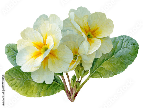 Pale Yellow Primroses with Green Leaves on Transparent Background, PNG