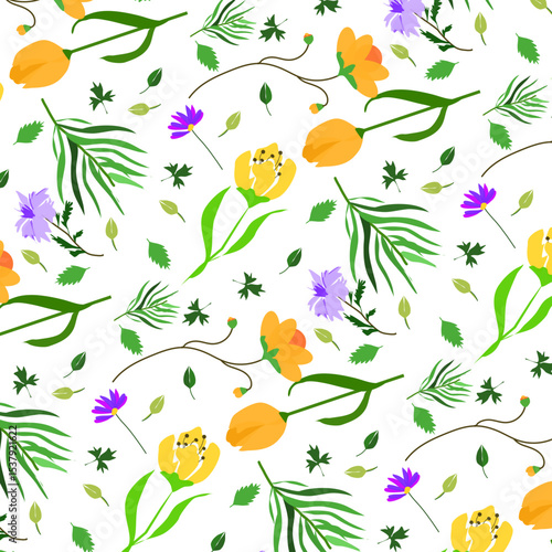 Pattern fiori di campo misti, gialli e viola