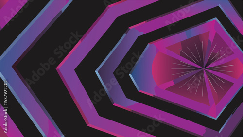 Abstract geometric tunnel with purple and blue gradients leading to a central burst of light