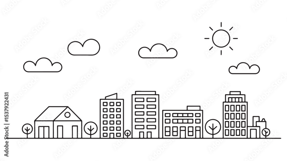 Fototapeta premium Simple Line Art Cityscape Illustration Minimalist Urban Skyline Vector Graphic EPS Icon Set