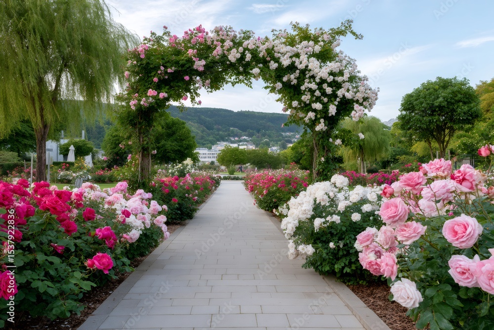 Naklejka premium Rose arch covering paved path in idyllic rose garden