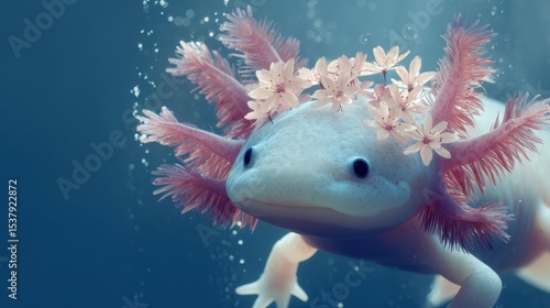 Pale, aquatic amphibian adorned with delicate flowers.