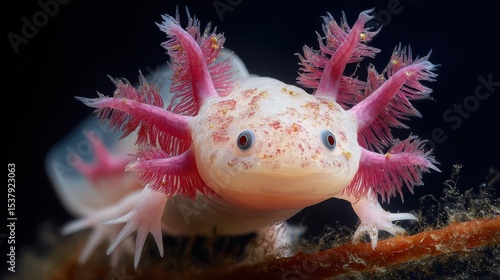 Close-up view of a vibrant axolotl amphibian.