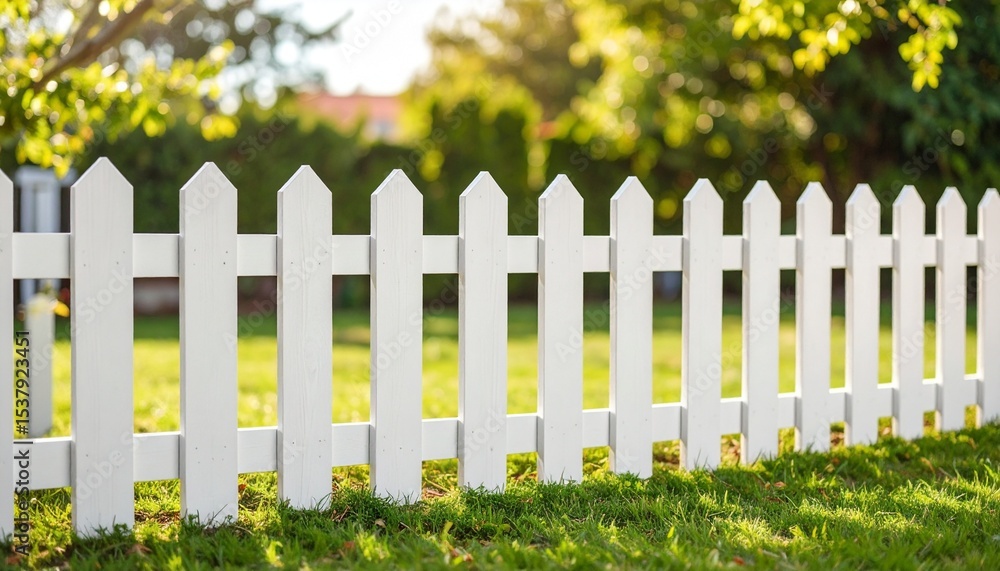 White picket fence in a sunny green garden idyllic suburban scene. White picket fence in a sunny green garden idyllic suburban scene.