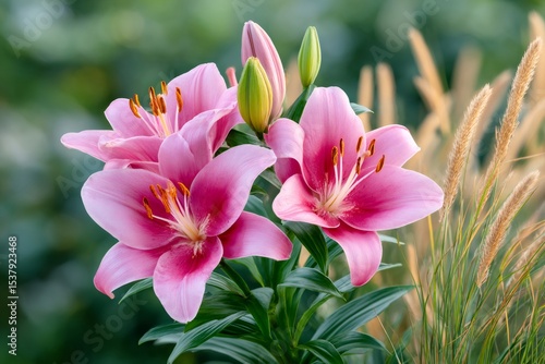 Pink lily flowers blooming in spring garden with blurred background