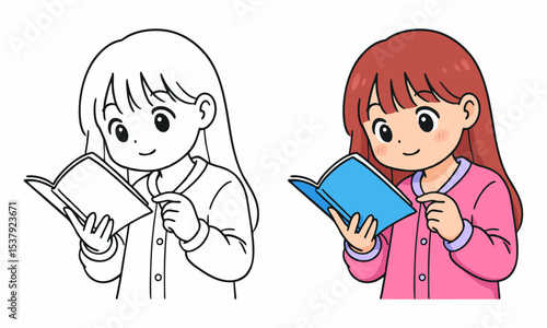 Cute girl read book coloring page for kids