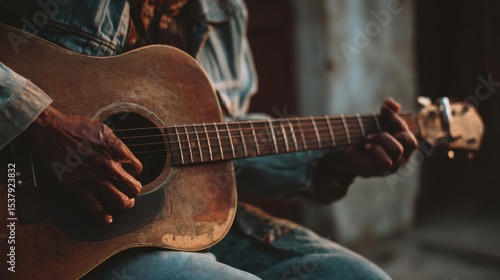 Close-up of weathered acoustic guitar player.
