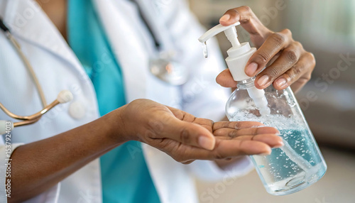 Healthcare Worker Using Hand Sanitizer in Clean Hospital Environment