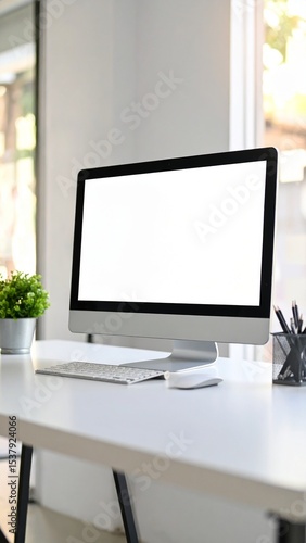 Wallpaper Mural Modern Workspace with Blank Computer Screen for Design Mockup. Torontodigital.ca