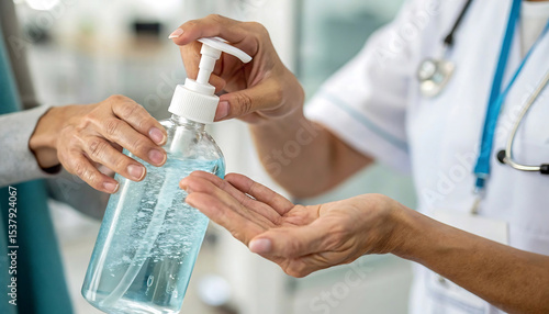 Healthcare Worker Using Hand Sanitizer in Clean Hospital Environment