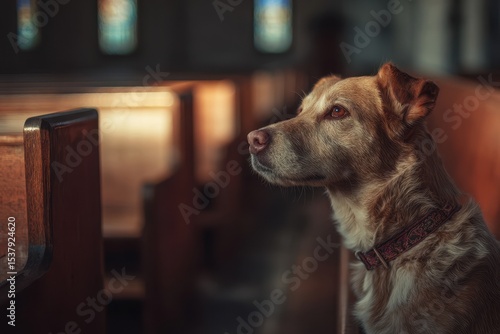 A thoughtful dog inside a dimly lit church.
