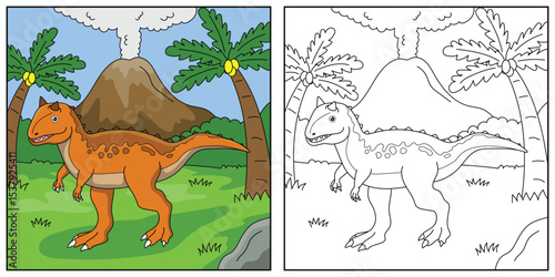 cute cartoon dinosaur  Carnotaurus, funny illustration, coloring book for kids and children.