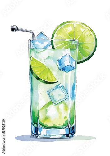 A visually appealing watercolor illustration of a lime cocktail in a glass. Vibrant Watercolor Illustration of a Refreshing Lime Cocktail