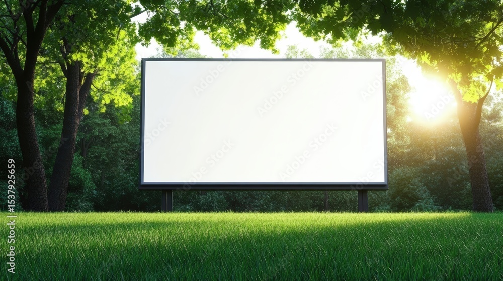 A blank billboard stands in a sunlit grassy clearing surrounded by lush green trees in a serene outdoor setting. A blank billboard stands in a sunlit grassy clearing surrounded by lush green trees in a serene outdoor setting.