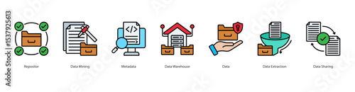 Data Infrastructure banner web icon set vector illustration concept with icon of repositor, data mining, metadata, data warehouse, data, data extraction, data sharing