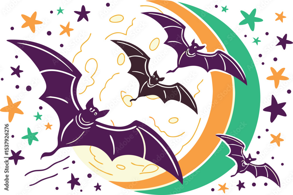 Obraz premium Full Moon and Flying Bats Silhouette Art. Halloween Night with Bats and Moon Scene. Spooky Moon and Bat Shadow Illustration. Flying Bats Over Full Moon Halloween Design. Haunted Night Sky with Bats