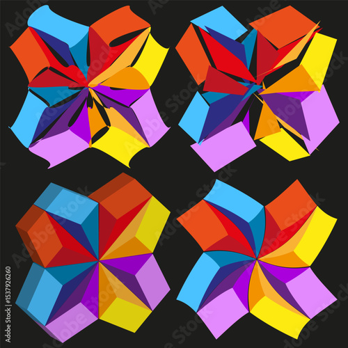Colorful prism icons. Geometric 3D shapes. Abstract polygon forms. Vector vivid blocks.