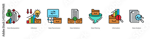 Data Manipulation banner web icon set vector illustration concept with icon of data manipulation, inference, data transmission, data validation, data filtering, information, data analysis