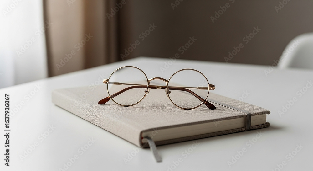Round Glasses Resting on a Cream-Colored Notebook Minimalist Still Life Photography Round Glasses Resting on a Cream-Colored Notebook Minimalist Still Life Photography