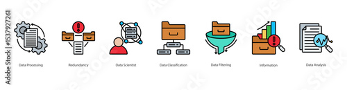 Data Processing banner web icon set vector illustration concept with icon of data processing, redundancy, data scientist, data classification, data filtering, information, data analysis