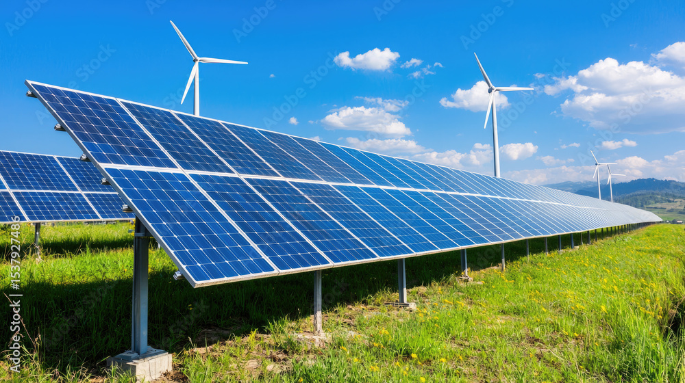 Solar panel wind turbine renewable energy green field blue sky sustainable electricity power generation Solar panel wind turbine renewable energy green field blue sky sustainable electricity power generation