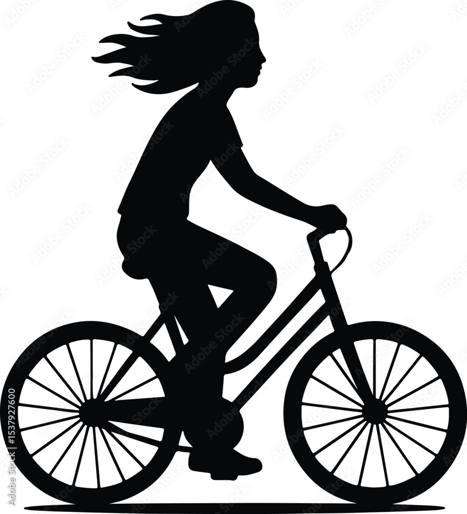 Obraz premium Silhouette girl riding a bicycle black and white vector illustration