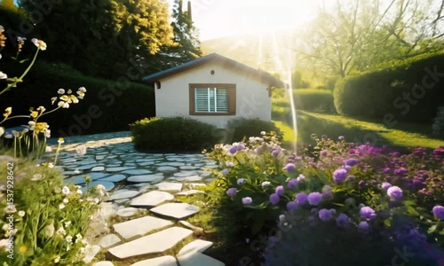 A small house with a garden in front of it. The garden is full of flowers and bushes
