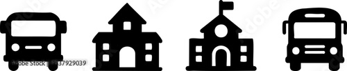Illustration of various school-related icons including buses, school buildings, and a flag, all in black silhouette style.