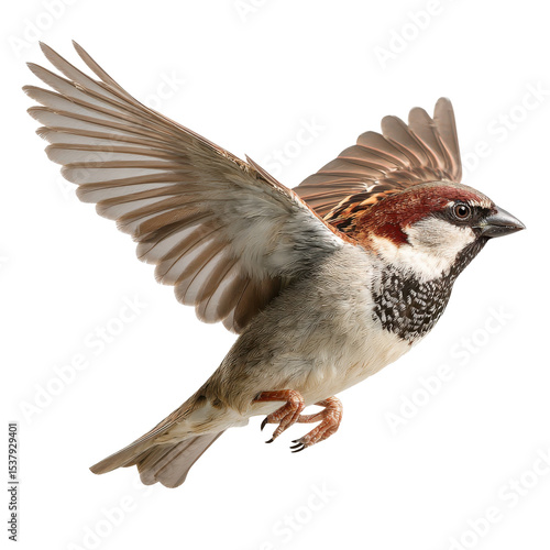 House Sparrow in flight with wings spread on white.