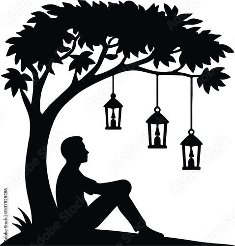 Silhouette man sitting under tree with hanging lanterns vector illustration