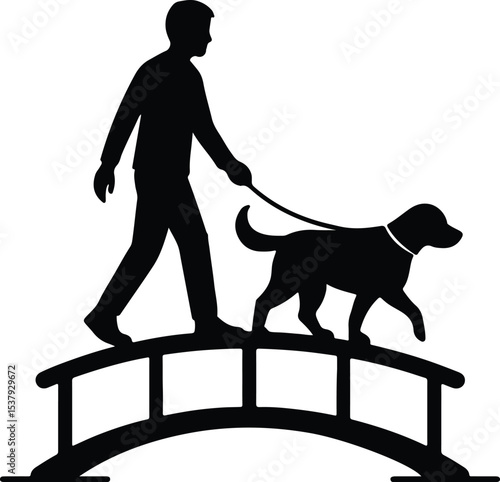 Silhouette man walking dog on bridge vector illustration