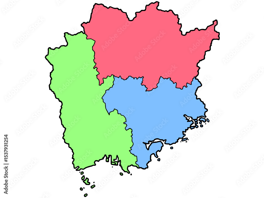 Obraz premium 少しゆるい岡山県地図 地域色分け 中国地方 西日本