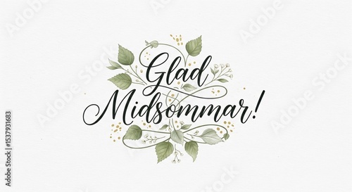 A greeting card for Swedish midsummer celebration, decorative lettering text 