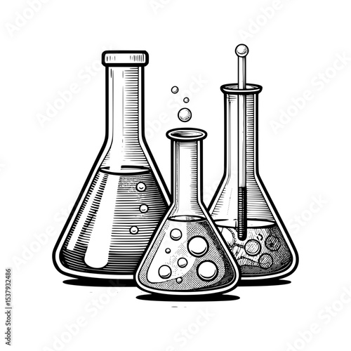 Vintage engraving style chemistry flasks vector illustration