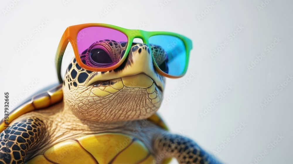Obraz premium Turtle wearing colorful sunglasses looks smug against a blurred white background