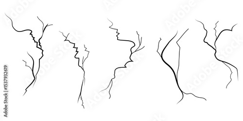 Hand drawn cracked wall, ground, glass, egg. doodle break set. vector illustration