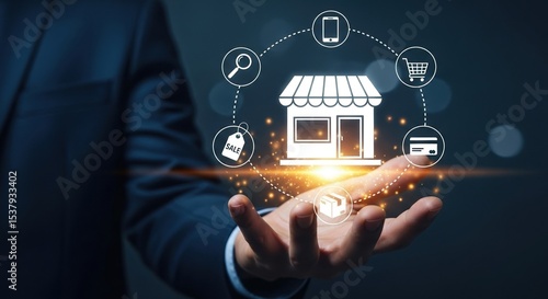 Businessman holding a hologram of a storefront surrounded by icons representing online shopping, highlighting the concept of e commerce