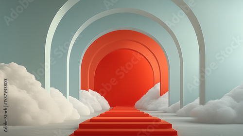 Fototapeta Naklejka Na Ścianę i Meble -  Minimalist 3D Archway with Red Staircase and Clouds