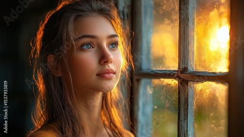 Teenage girl gazing through rustic window at golden sunset