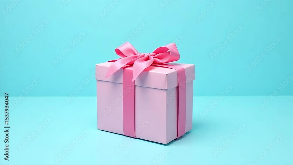 A Pink Gift Box with a Delicate Bow sits on a Light Blue Background perfect for celebrations holidays presents and special occasions. A Pink Gift Box with a Delicate Bow sits on a Light Blue Background perfect for celebrations holidays presents and special occasions.