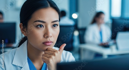 Thoughtful asian female doctor looking concerned while using computer in modern hospital office with colleagues working in background
