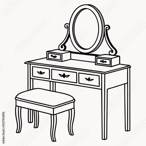 Elegant vanity table with oval mirror and padded stool features outline style