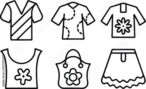 Outline icon set of upcycled clothing items for sustainable fashion design projects
