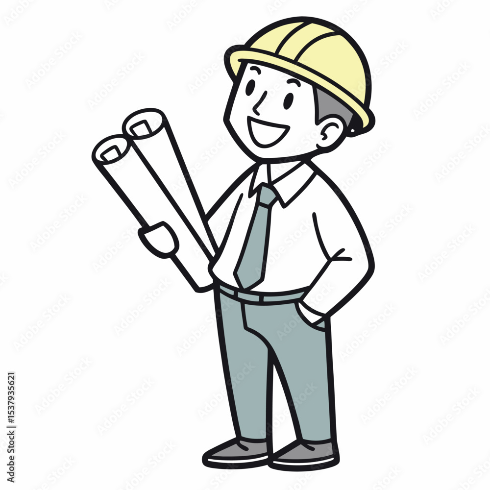 Smiling cartoon engineer wearing yellow hardhat holds rolled plans while standing on a transparent background Smiling cartoon engineer wearing yellow hardhat holds rolled plans while standing on a transparent background